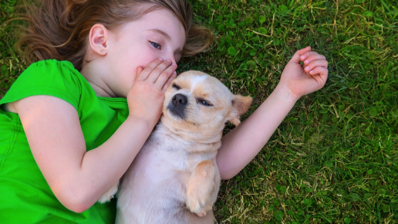 Girl talking to puppy