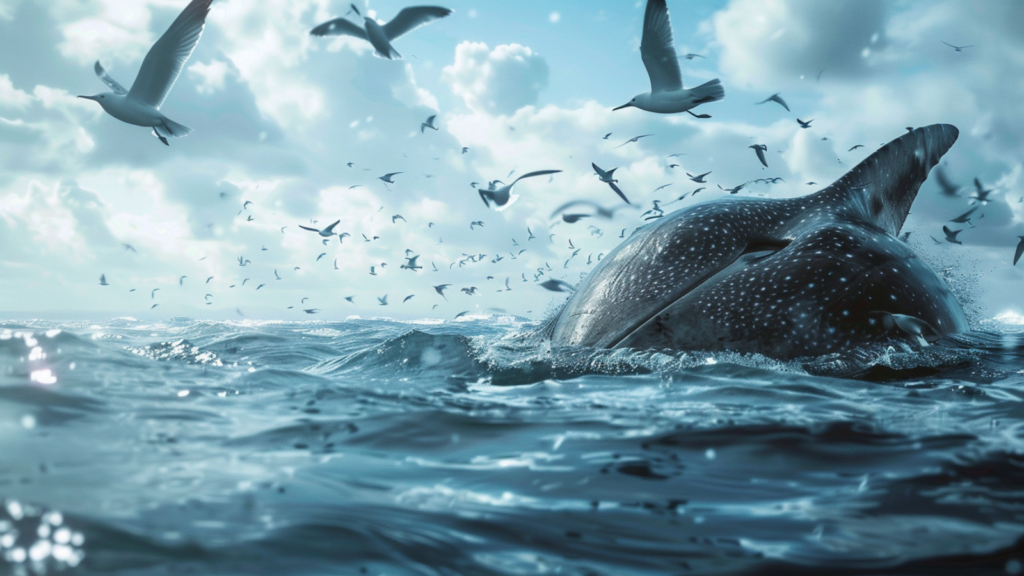 Mola Mola on the surface with sea birds